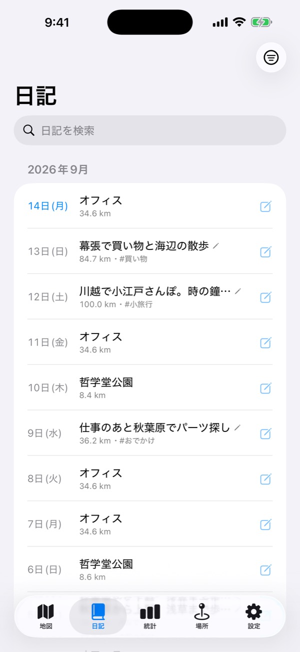日記タブ：日付ごとに一言メモと移動距離が並ぶ一覧