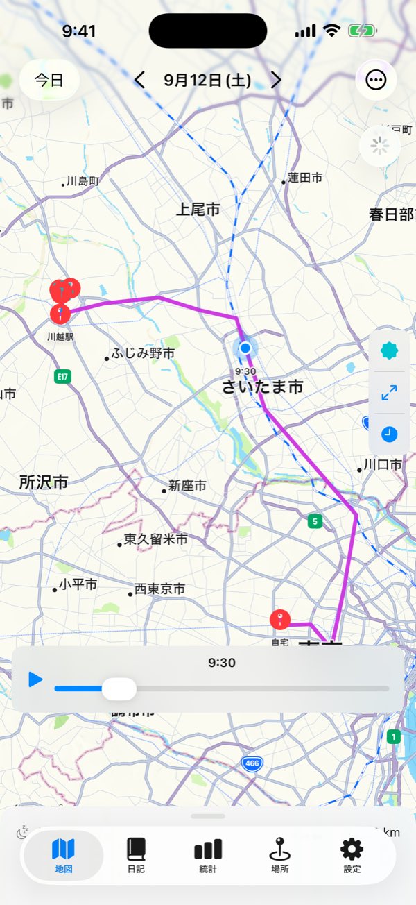 地図タブ：スクラバーで一日の軌跡を早送り再生しているリプレイ表示